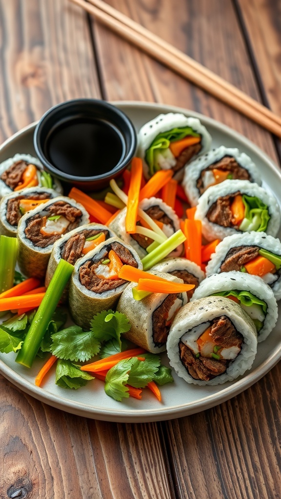 A plate of colorful Korean sushi rolls with vegetables and bulgogi beef, garnished with sesame seeds, on a wooden table.